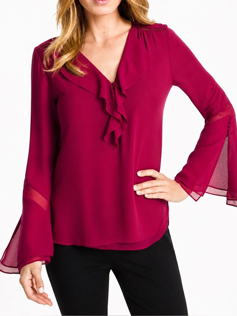 WHBM Fuchsia Ruffle V-Neck Bell Sleeve High Low Blouse Women’s Size 6